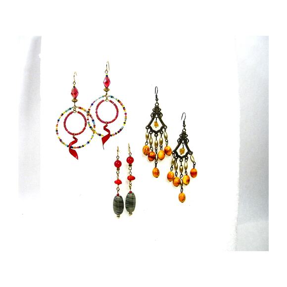 Set of Handcrafted BOHO style Glass Beaded Hoop and Chandelier Drop Earrings - Picture 1 of 10